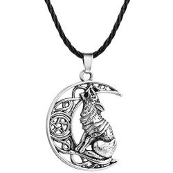 Flzaitian Wolf Jewelry Wolf and Crescent Moon Necklace for Men for Women