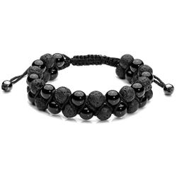 Jovivi 2 Pcs Bead Bracelet for Men Women Lava Rock Essential Oil Diffuser Bracelet Black Leather Natural Stone Beaded Bracelet Set Stainless Steel Cuff Bangle Adjustable