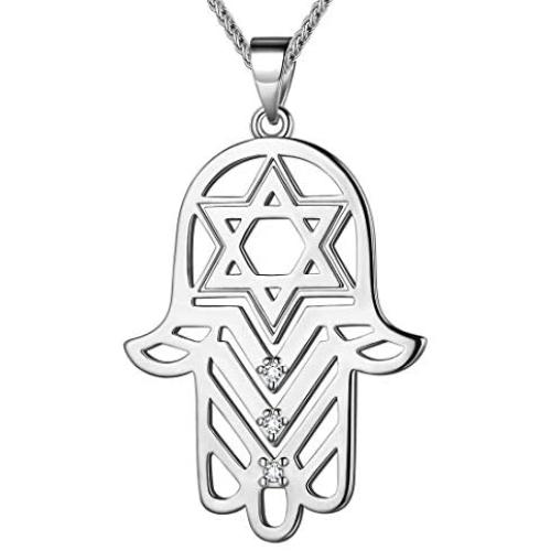 Beautlace Hamsa Hand of Fatima Necklace Silver/18K Gold/Black Gun Plated Star of David Hexagon Pendant with Cubic Zirconia Jewelry for Men and Women KP0051