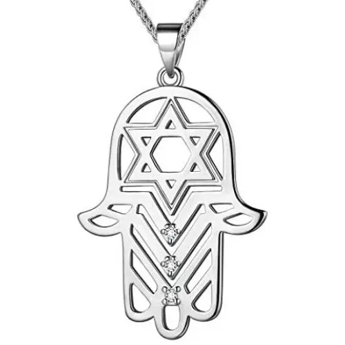 Beautlace Hamsa Hand of Fatima Necklace Silver/18K Gold/Black Gun Plated Star of David Hexagon Pendant with Cubic Zirconia Jewelry for Men and Women KP0051