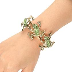 EVER FAITH Womens Austrian Crystal Vintage Inspired 3 Frogs Bangle Bracelet Green Antique Gold-Tone