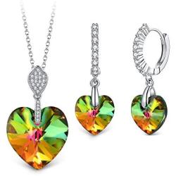 T400 Blue Purple Green White Gold Crystal Jewelry Set with Heart Pendant Necklace and Drop Earrings Birthday Gift for Women