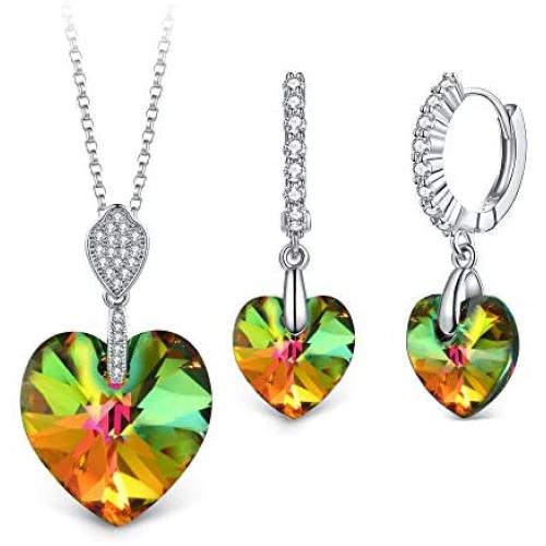 T400 Blue Purple Green White Gold Crystal Jewelry Set with Heart Pendant Necklace and Drop Earrings Birthday Gift for Women