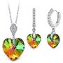 T400 Blue Purple Green White Gold Crystal Jewelry Set with Heart Pendant Necklace and Drop Earrings Birthday Gift for Women