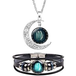 HUASAI Zodiac Necklace and Bracelet Set Leather Zodiac Bracelet for Men Zodiac Sign Jewelry Set