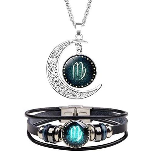 HUASAI Zodiac Necklace and Bracelet Set Leather Zodiac Bracelet for Men Zodiac Sign Jewelry Set