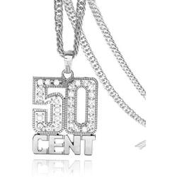 Sliver Necklace with 50 Cent Pendant for Men,Stainless Steel Rhinestone Jewelry,Rapper Chains Iced Out Pendants with 28 Inches