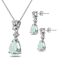 Sterling Silver Genuine or Synthetic Gemstone & White Topaz Pear-Cut Teardrop Dangling Stud Earrings & Necklace Set