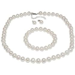 Gem Stone King 925 Sterling Silver Cultured Freshwater White Pearl Necklace Earrings Bracelet Bridal Gift Set