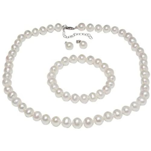 Gem Stone King 925 Sterling Silver Cultured Freshwater White Pearl Necklace Earrings Bracelet Bridal Gift Set