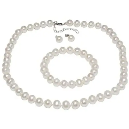 Gem Stone King 925 Sterling Silver Cultured Freshwater White Pearl Necklace Earrings Bracelet Bridal Gift Set