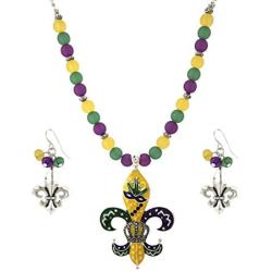 Elosee Mardi Gras Theme Pendant Frost Bead 18 Inch Necklace and Earrings