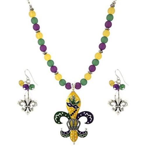 Elosee Mardi Gras Theme Pendant Frost Bead 18 Inch Necklace and Earrings