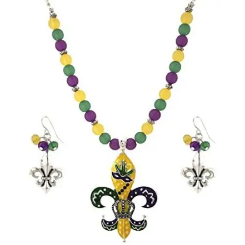 Elosee Mardi Gras Theme Pendant Frost Bead 18 Inch Necklace and Earrings