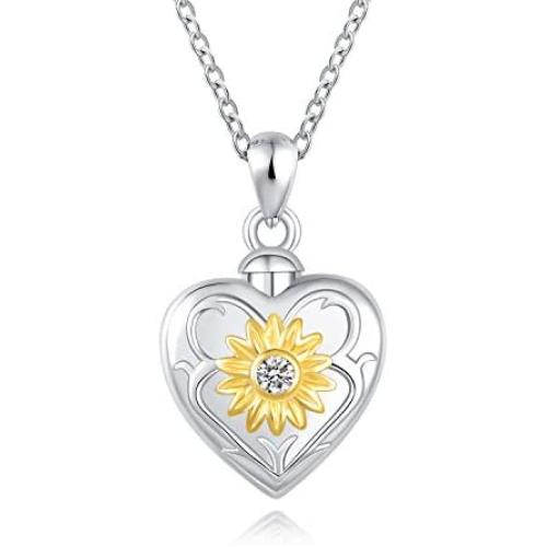 ACJFA Sunflower Urn Pendant Necklace 925 Sterling Silver Cremation Jewelry for Ashes Necklace Always in My Heart Memorial Jewelry Gift for Women