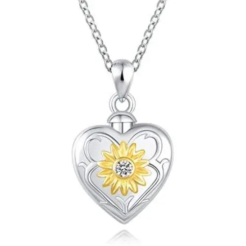 ACJFA Sunflower Urn Pendant Necklace 925 Sterling Silver Cremation Jewelry for Ashes Necklace Always in My Heart Memorial Jewelry Gift for Women