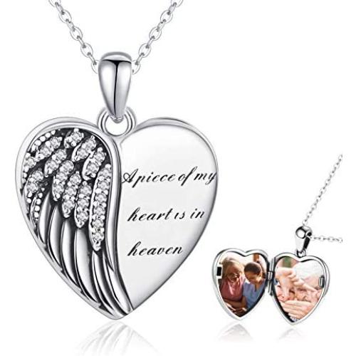 CHENGHONG Angel Wings Locket Necklace 925 Sterling Silver Customized Necklace Guardian Heart Shaped Locket Memorial Necklace That Hold Pictures Memory Jewelry Gifts for Women Girls