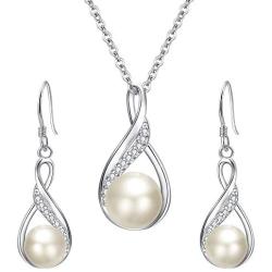 EleQueen 925 Sterling Silver CZ Freshwater Cultured Pearls Bridal Pendant Necklace Earrings Wedding Jewelry Sets