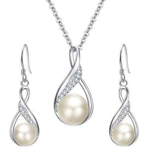 EleQueen 925 Sterling Silver CZ Freshwater Cultured Pearls Bridal Pendant Necklace Earrings Wedding Jewelry Sets