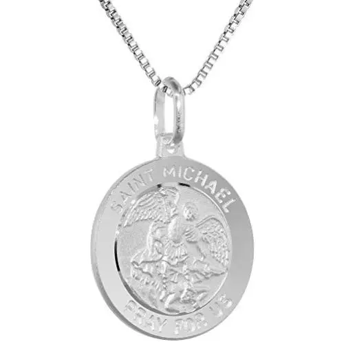Sterling Silver St Michael Medal Necklace 3/4 inch Round Italy 0.8mm Chain Sterling Silver St Michael Medal Necklace 3/4 inch Round Italy 0.8mm Chain