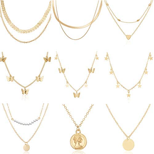 9 Pieces Layering Choker Necklace Cute Star Coin Pearl Necklace Snake Chain Choker Multilayer Vsco Necklace for Teens Girls Women