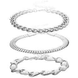 Punk Fashion 14k Gold Silver Plated Chunky Thick Chain Link Bracelet Set for Women Girls Jewelry Gift Multilayer Imitation Pearl Polish Bangles Gothic Rock Hip Hop Nightclub Accessories 3Pcs
