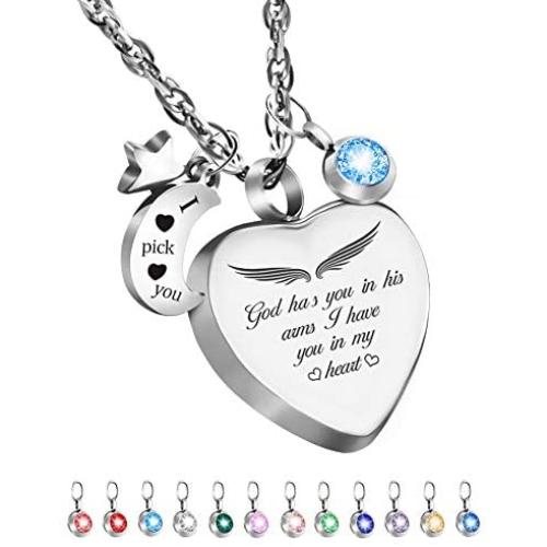Dletay Cremation Urn Necklace with 12 Birthstones Heart Memorial Keepsakes Pendant Ashes Jewelry