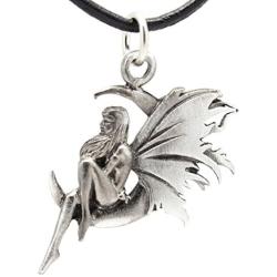 Trilogy Jewelry Pewter Fairy Celestial Crescent Moon Pendant on Black Necklace Cord with Clasp