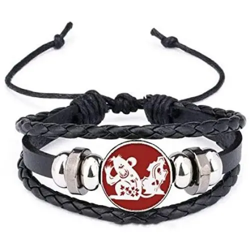 DIYthinker Year of Rat Animal China Zodiac Pattern Bracelet Braided Leather Rope Bead Wristband