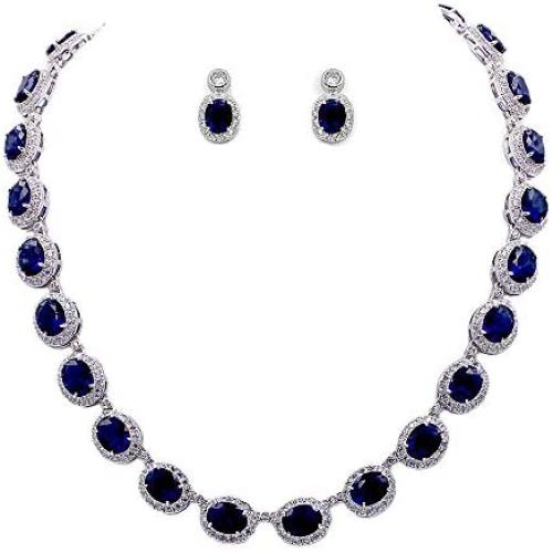 Lavencious Tennis Oval Necklace & Earrings Jewelry Set AAA Cubic Zirconia Rhodium Plated