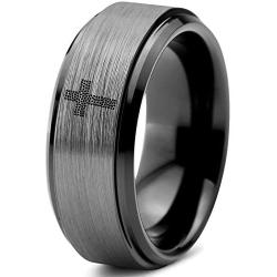 Tiny Hearts Cross Christian Ring - Tungsten Band 8mm - Men - Women - 18k Rose Gold Step Bevel Edge - Yellow - Grey - Blue - Black - Brushed - Polished - Wedding - Gift Dome Flat Cut