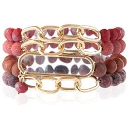 RIAH FASHION Bohemian Beaded Natural Stone Multi Strand Layer Stretch Bracelet - Volcano Lava Stone Aroma Therapy Oil Diffuser Prayer Bangle Set