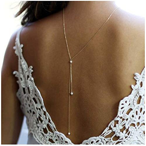 Yfe Back Necklace Pearl Backdrop Necklace Body Chain Jewelry for Women and Girls Bridal Jewelry(Gold)