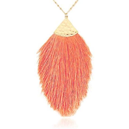 RIAH FASHION Antique Bohemian Silky Thread Fan Tassel Statement Necklace - Vintage Gold Feather Shape Strand Fringe Lightweight Long Chain