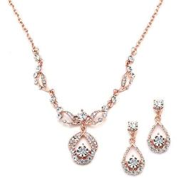 Mariell 14K Rose Gold Vintage Crystal Necklace and Earrings Jewelry Set for Prom, Bridal and Bridesmaids