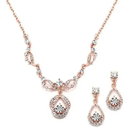 Mariell 14K Rose Gold Vintage Crystal Necklace and Earrings Jewelry Set for Prom, Bridal and Bridesmaids