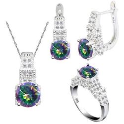 Aixili Rainbow Jewelry Sets for Women 925 Silver Stamped Necklace Pendant Hoop Earrings Ring Bridal Wedding Jewelry