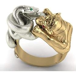 Snake Tiger Ring for Men, Gold Tiger Silver Snake Fighting, Vintage Gothic Red Eyes Tiger Head Ring, Punk Hip Hop Green Eyes Snake Wrap Ring, Viking Animal Jewelry Gift for Men Boys