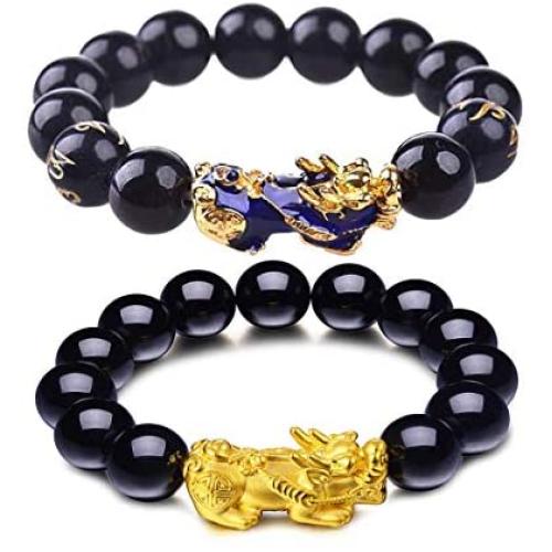 COLORFUL BLING 2Pcs Feng Shui Amulet Beads Obsidian Bracelets Pi Xiu Pi Yao Hand Carved Mantra Bracelet for Women Girls Attracts Fortune Wealth Prosperity Jewelry