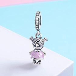 Pink Enamel Girl CZ Dangle Charms Pearl Charm fit Charms Bracelet Necklaces Jewelry Birthday Gifts