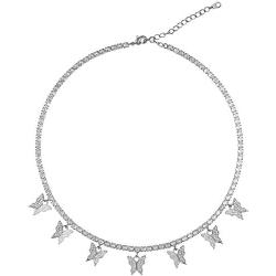 LAVLA Dainty Butterfly Choker Necklace - Gold/Rose Gold/Silver Plated 3mm Bling Iced Out Cubic Zirconia Tennis Chain With Butterfly Charm/Square CZ 14inch+2inch