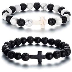 SOFTONES 8MM Lava Rock Aromatherapy Anxiety Essential Oil Diffuser Black and White Intervals Beads Bracelet for Men Women, Friendship Couples Bracelets Gifts