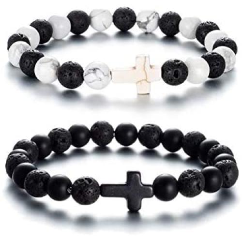SOFTONES 8MM Lava Rock Aromatherapy Anxiety Essential Oil Diffuser Black and White Intervals Beads Bracelet for Men Women, Friendship Couples Bracelets Gifts