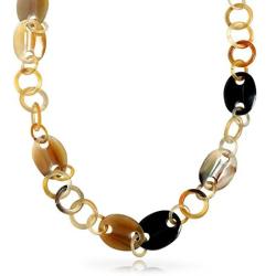 Bling Jewelry Earth Tone Brown Handmade Natural Buffalo Horn Long Round Disc Oval Multi Link Chain Necklace for Women 36 Inches