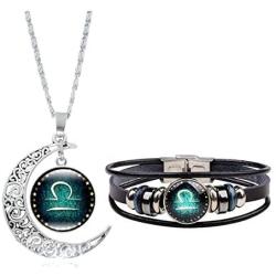 Dcfywl731 Fashion 12 Twelve Constellations Hand Woven Leather Bracelet and Moon Pendant Necklace Zodiac Sign Jewelry Set