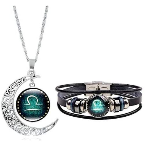 Dcfywl731 Fashion 12 Twelve Constellations Hand Woven Leather Bracelet and Moon Pendant Necklace Zodiac Sign Jewelry Set