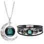 Dcfywl731 Fashion 12 Twelve Constellations Hand Woven Leather Bracelet and Moon Pendant Necklace Zodiac Sign Jewelry Set