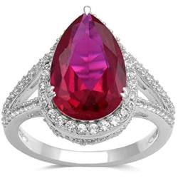 Jewelili Sterling Silver 14x9mm Pear Created Ruby and Round Created White Sapphire Teardrop Halo Ring