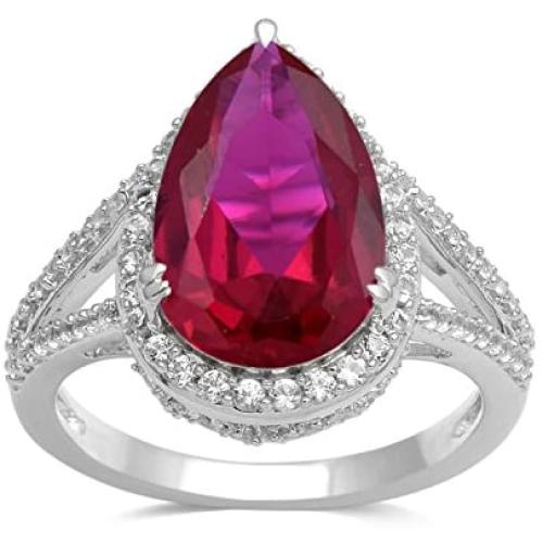 Jewelili Sterling Silver 14x9mm Pear Created Ruby and Round Created White Sapphire Teardrop Halo Ring