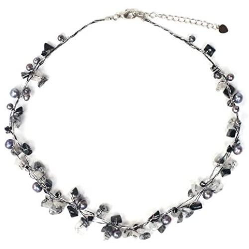 NOVICA Dyed Gray Cultured Freshwater Pearl and Tourmalinated Quartz Necklace, 16.5'' River of Night